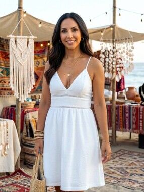 Roxy White V-Neck Spaghetti Strap Mini Dress